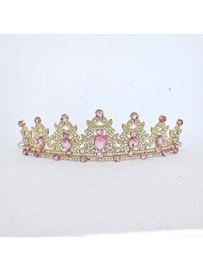 Pink Crystal Gold Tiara Rhinestone Princess Crown Pageant Wedding Headpiece NEW